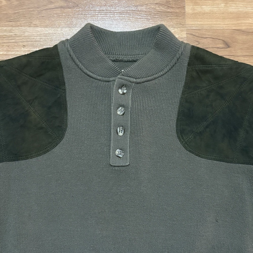 Filson Mens Peat Green Virgin Wool Shoulder Panels Henley Guide Sweater Size S/M - Picture 2 of 12